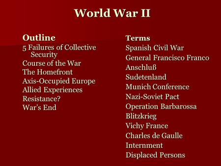 World War II Outline 5 Failures of Collective Security Course of the War The Homefront Axis-Occupied Europe Allied Experiences Resistance? War’s End Terms.
