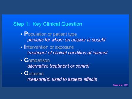 4 Part Questions Patient or problem Intervention Comparison intervention (if necessary) Outcome(s)