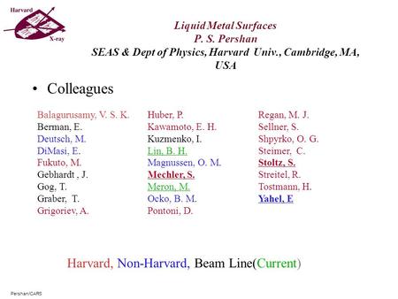 Liquid Metal Surfaces P. S. Pershan SEAS & Dept of Physics, Harvard Univ., Cambridge, MA, USA Colleagues Pershan/CARS Balagurusamy, V. S. K. Berman, E.