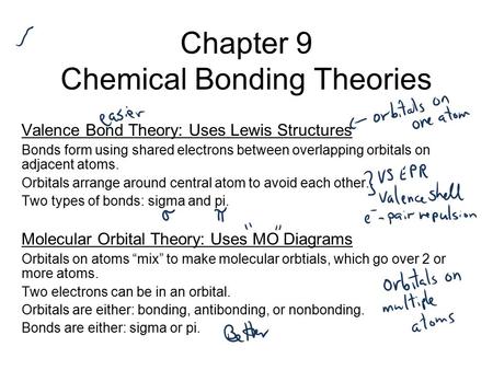 Chapter 9 Chemical Bonding Theories Valence Bond Theory: Uses Lewis Structures Bonds form using shared electrons between overlapping orbitals on adjacent.