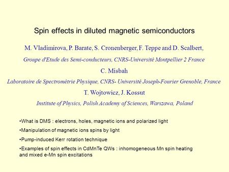 Spin effects in diluted magnetic semiconductors M. Vladimirova, P. Barate, S. Cronenberger, F. Teppe and D. Scalbert, Groupe d'Etude des Semi-conducteurs,