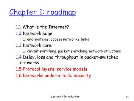Lecture 3 Introduction 1-1 Chapter 1: roadmap 1.1 What is the Internet? 1.2 Network edge  end systems, access networks, links 1.3 Network core  circuit.