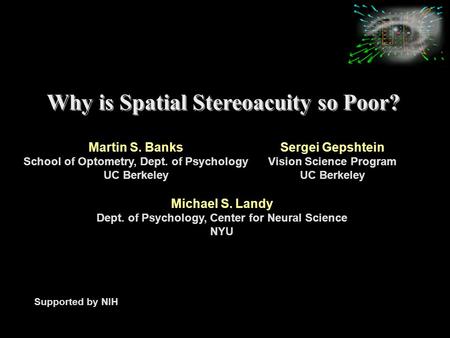 Why is Spatial Stereoacuity so Poor? Martin S. Banks School of Optometry, Dept. of Psychology UC Berkeley Sergei Gepshtein Vision Science Program UC Berkeley.