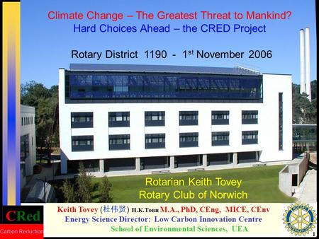 CRed Carbon Reduction 1 Keith Tovey ( 杜伟贤 ) Н.К.Тови M.A., PhD, CEng, MICE, CEnv Energy Science Director: Low Carbon Innovation Centre School of Environmental.