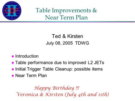 Table Improvements & Near Term Plan Ted & Kirsten July 08, 2005 TDWG Introduction Table performance due to improved L2 JETs Initial Trigger Table Cleanup: