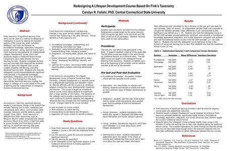 Redesigning A Lifespan Development Course Based On Fink’s Taxonomy Carolyn R. Fallahi, PhD, Central Connecticut State University Abstract Fink’s taxonomy.