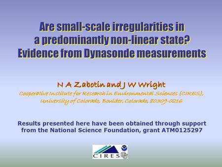 Are small-scale irregularities in a predominantly non-linear state? Evidence from Dynasonde measurements N A Zabotin and J W Wright Cooperative Institute.