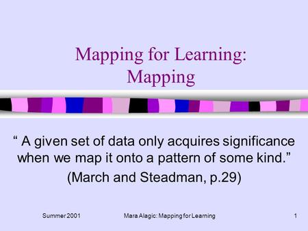 Summer 2001Mara Alagic: Mapping for Learning1 Mapping for Learning: Mapping “ A given set of data only acquires significance when we map it onto a pattern.