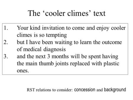 The ‘cooler climes’ text 1. Your kind invitation to come and enjoy cooler climes is so tempting 2.but I have been waiting to learn the outcome of medical.