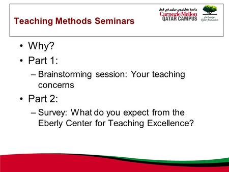 Teaching Methods Seminars Why? Part 1: –Brainstorming session: Your teaching concerns Part 2: –Survey: What do you expect from the Eberly Center for Teaching.