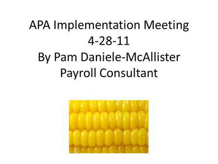APA Implementation Meeting 4-28-11 By Pam Daniele-McAllister Payroll Consultant.