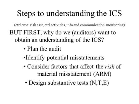 Steps to understanding the ICS (ctrl envt, risk asst, ctrl activities, info and communication, monitoring) BUT FIRST, why do we (auditors) want to obtain.