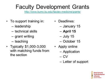 Faculty Development Grants   To support training in: –leadership.