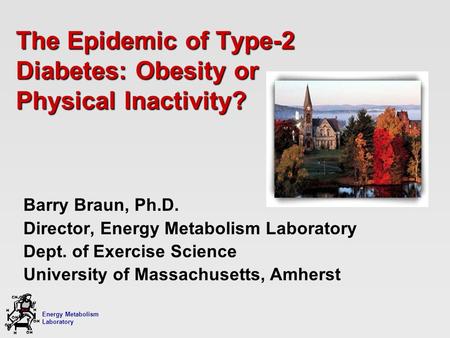 Energy Metabolism Laboratory H H OH CH 2 OH H OH H The Epidemic of Type-2 Diabetes: Obesity or Physical Inactivity? Barry Braun, Ph.D. Director, Energy.