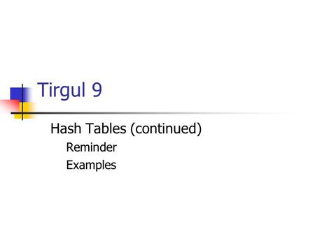 Tirgul 9 Hash Tables (continued) Reminder Examples.