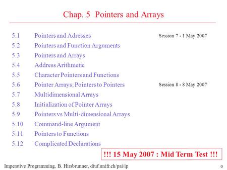 0 Chap. 5 Pointers and Arrays 5.1Pointers and Adresses 5.2Pointers and Function Arguments 5.3Pointers and Arrays 5.4Address Arithmetic 5.5Character Pointers.