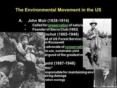 The Environmental Movement in the US A. A.John Muir (1838-1914) Called for preservation of natural wilderness Founder of Sierra Club (1892) B. B.Gifford.