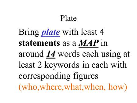Plate 14 Bring plate with least 4 statements as a MAP in around 14 words each using at least 2 keywords in each with corresponding figures (who,where,what,when,