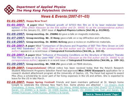 Department of Applied Physics The Hong Kong Polytechnic University News & Events (2007-01~03) 01-01-2007: Happy New Year! 01-01-2007: A paper titled “Epitaxial.