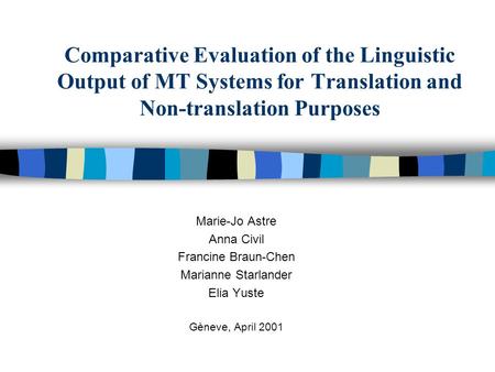 Comparative Evaluation of the Linguistic Output of MT Systems for Translation and Non-translation Purposes Marie-Jo Astre Anna Civil Francine Braun-Chen.