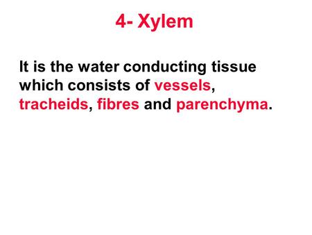 4- Xylem It is the water conducting tissue which consists of vessels, tracheids, fibres and parenchyma.