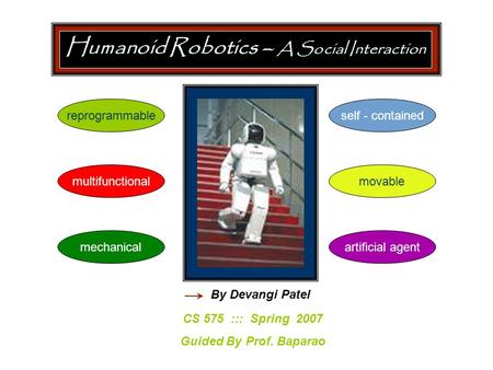 Humanoid Robotics – A Social Interaction CS 575 ::: Spring 2007 Guided By Prof. Baparao By Devangi Patel reprogrammable multifunctionalmovable self - contained.
