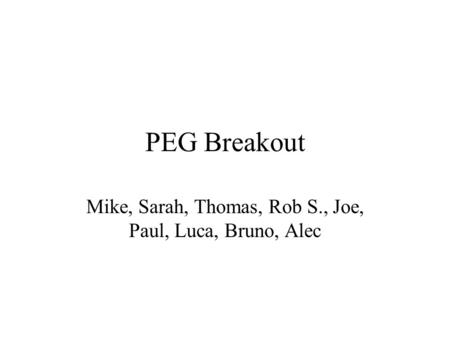 PEG Breakout Mike, Sarah, Thomas, Rob S., Joe, Paul, Luca, Bruno, Alec.