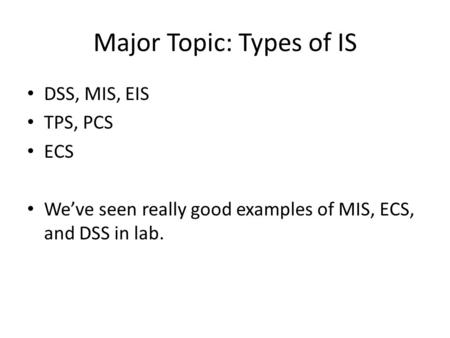 Major Topic: Types of IS