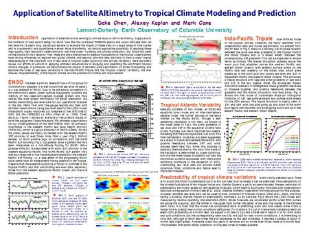 Application of Satellite Altimetry to Tropical Climate Modeling and Prediction Dake Chen, Alexey Kaplan and Mark Cane Lamont-Doherty Earth Observatory.