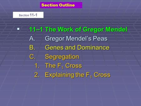  11–1The Work of Gregor Mendel A.Gregor Mendel’s Peas B.Genes and Dominance C.Segregation 1.The F 1 Cross 2.Explaining the F 1 Cross Section 11-1 Section.