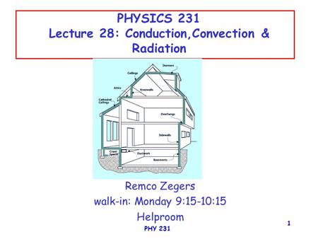 PHY 231 1 PHYSICS 231 Lecture 28: Conduction,Convection & Radiation Remco Zegers walk-in: Monday 9:15-10:15 Helproom.