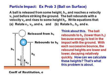 Particle Impact: Ex Prob 3 (Ball on Surface) A ball is released from some height, h 1, and reaches a velocity v 1 just before striking the ground. The.