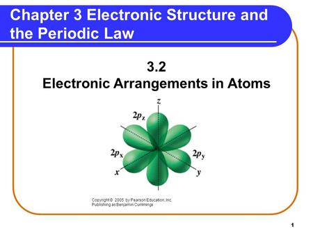1 Chapter 3 Electronic Structure and the Periodic Law 3.2 Electronic Arrangements in Atoms Copyright © 2005 by Pearson Education, Inc. Publishing as Benjamin.