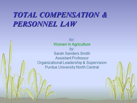 TOTAL COMPENSATION & PERSONNEL LAW for: Women In Agriculture by: Sarah Sanders Smith Assistant Professor Organizational Leadership & Supervision Purdue.