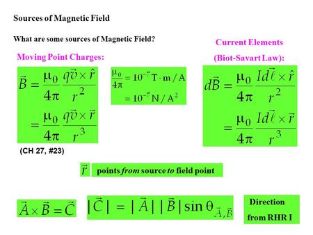 Sources of Magnetic Field What are some sources of Magnetic Field? Moving Point Charges: Current Elements (Biot-Savart Law): points from source to field.