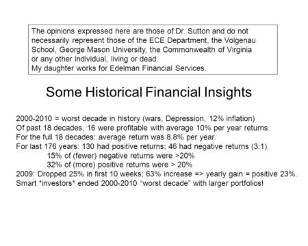 Some Historical Financial Insights 2000-2010 = worst decade in history (wars, Depression, 12% inflation) Of past 18 decades, 16 were profitable with average.