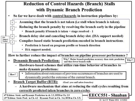 EECC551 - Shaaban #1 lec # 5 Winter 2011 1-9-2012 Reduction of Control Hazards (Branch) Stalls with Dynamic Branch Prediction So far we have dealt with.