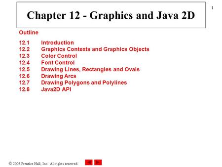  2003 Prentice Hall, Inc. All rights reserved. 1 Outline 12.1 Introduction 12.2 Graphics Contexts and Graphics Objects 12.3 Color Control 12.4 Font Control.