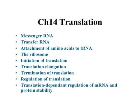 Ch14 Translation Messenger RNA Transfer RNA Attachment of amino acids to tRNA The ribosome Initiation of translation Translation elongation Termination.