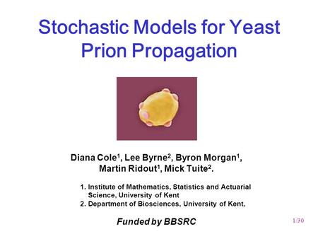 1/30 Stochastic Models for Yeast Prion Propagation Diana Cole 1, Lee Byrne 2, Byron Morgan 1, Martin Ridout 1, Mick Tuite 2. 1. Institute of Mathematics,
