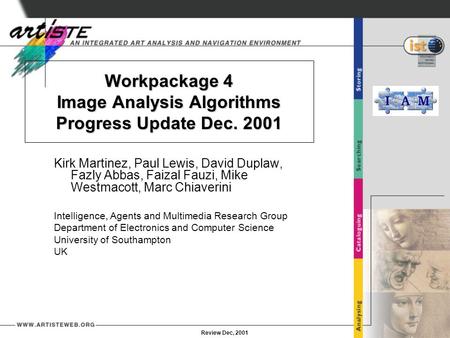 Review Dec, 2001 Workpackage 4 Image Analysis Algorithms Progress Update Dec. 2001 Kirk Martinez, Paul Lewis, David Duplaw, Fazly Abbas, Faizal Fauzi,