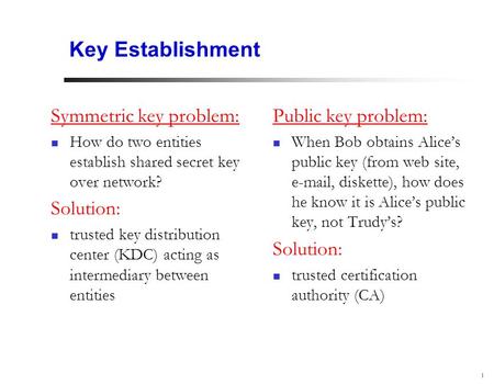 1 Key Establishment Symmetric key problem: How do two entities establish shared secret key over network? Solution: trusted key distribution center (KDC)