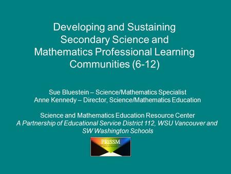 Sue Bluestein – Science/Mathematics Specialist Anne Kennedy – Director, Science/Mathematics Education Science and Mathematics Education Resource Center.