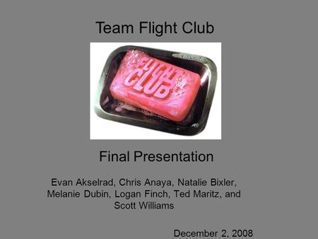 Evan Akselrad, Chris Anaya, Natalie Bixler, Melanie Dubin, Logan Finch, Ted Maritz, and Scott Williams December 2, 2008 Team Flight Club Final Presentation.