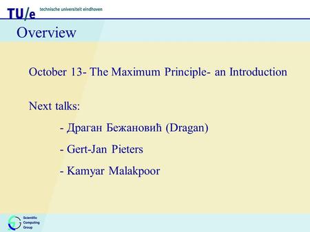 Overview October 13- The Maximum Principle- an Introduction Next talks: - Драган Бeжановић (Dragan) - Gert-Jan Pieters - Kamyar Malakpoor.