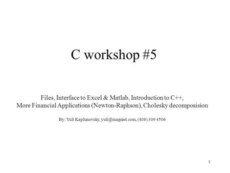 1 C workshop #5 Files, Interface to Excel & Matlab, Introduction to C++, More Financial Applications (Newton-Raphson), Cholesky decomposision By: Yuli.