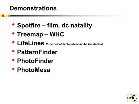 Demonstrations Spotfire – film, dc natality Treemap – WHC LifeLines C:\demos\oldlaptop-demos\LifeLine Medical PatternFinder PhotoFinder PhotoMesa.