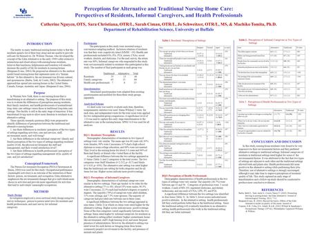 Perceptions for Alternative and Traditional Nursing Home Care: Perspectives of Residents, Informal Caregivers, and Health Professionals Catherine Nguyen,