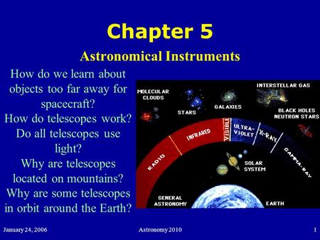 January 24, 2006Astronomy 20101 Chapter 5 Astronomical Instruments How do we learn about objects too far away for spacecraft? How do telescopes work? Do.