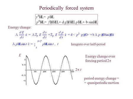 Periodically forced system Energy change: Integrate over half-period E 2 t2 t Energy change over forcing period 2  period energy change = = quasiperiodic.